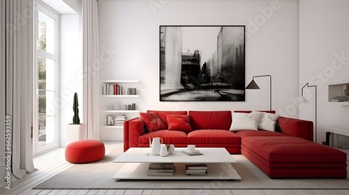 red sofa in the living room, in the style of black and white art, realistic scenery, dennis stock, vray, passage, matte photo, ethereal trees photo