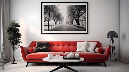 red sofa in the living room, in the style of black and white art, realistic scenery, dennis stock, vray, passage, matte photo, ethereal trees photo