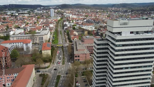 Aerial cityscape view of Kaiserslautern street traffic at town hall and pfalz Theater