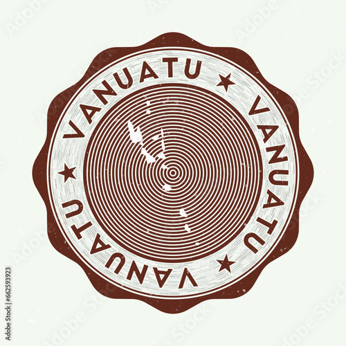 Vanuatu seal. Country round logo with shape of Vanuatu and country name in multiple languages word cloud. Amazing emblem. Authentic vector illustration.