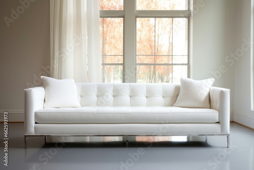 chic  minimalist sofa boasts tufted  snow-white upholstery and gleaming chrome legs.
