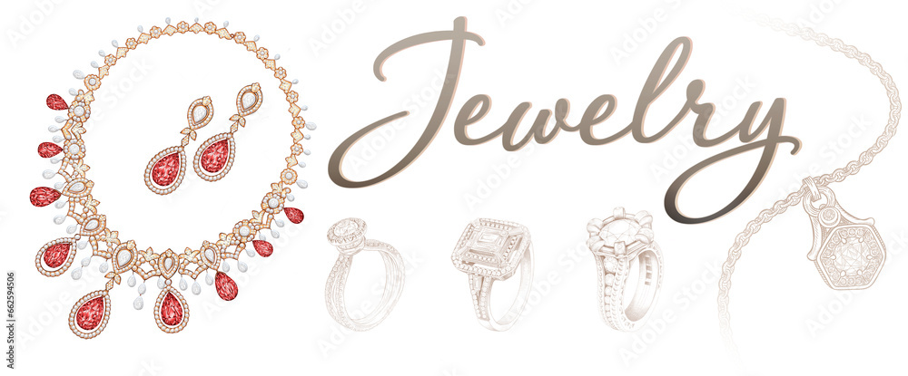 Jewelry business. Advertising poster or background to advertise jewelry. Jewelry theme. Jewelry business. Pencil drawing of a gold necklace and a ring with red precious stones on a white background. 