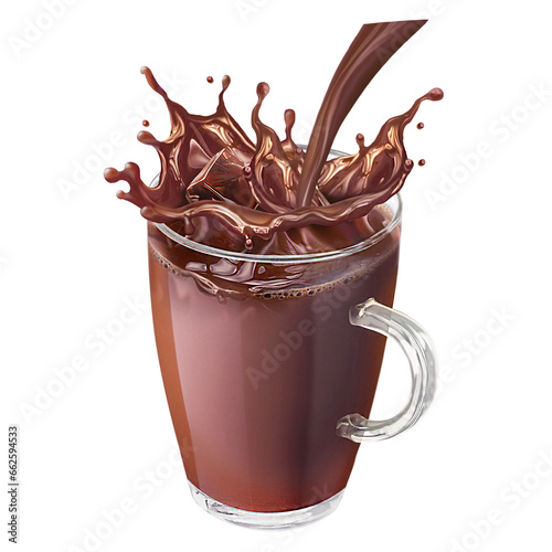 Splash chocolate in the glass on transparent background.  Chocolate in the glass PNG transparent background