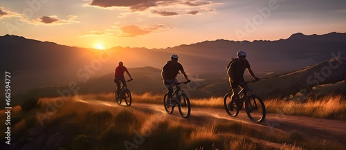 Mountain Bikers at Sunset Overlooking Majestic Peaks. generative ai