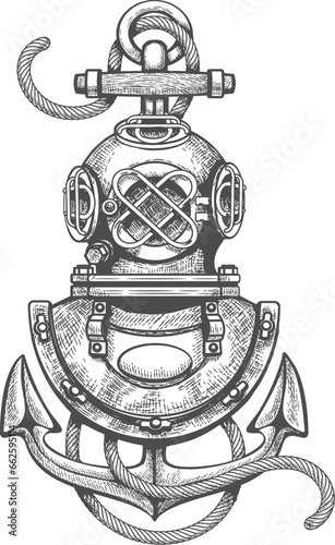 Retro diving helmet and anchor sketch
