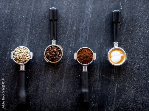 the process of coffee, from green beans to roasted coffee, grounded coffee and cappuccino coffee drink in baskets. © Daniel van Niekerk