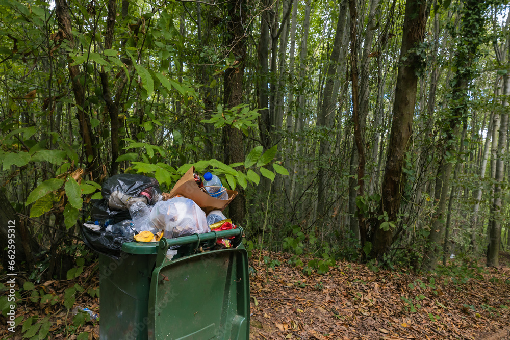Full trash bin in the forest. Garbage pollution in the forest concept photo Full trash bin in the forest. Garbage pollution in the forest concept photo