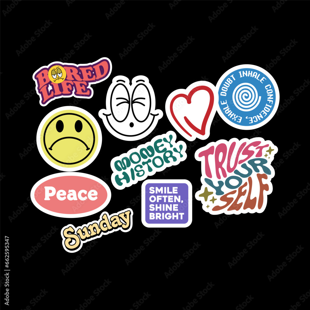 Fototapeta premium Sticker set collection pack Cute vector template decorated with cartoon image and aesthetic quotes graphic design