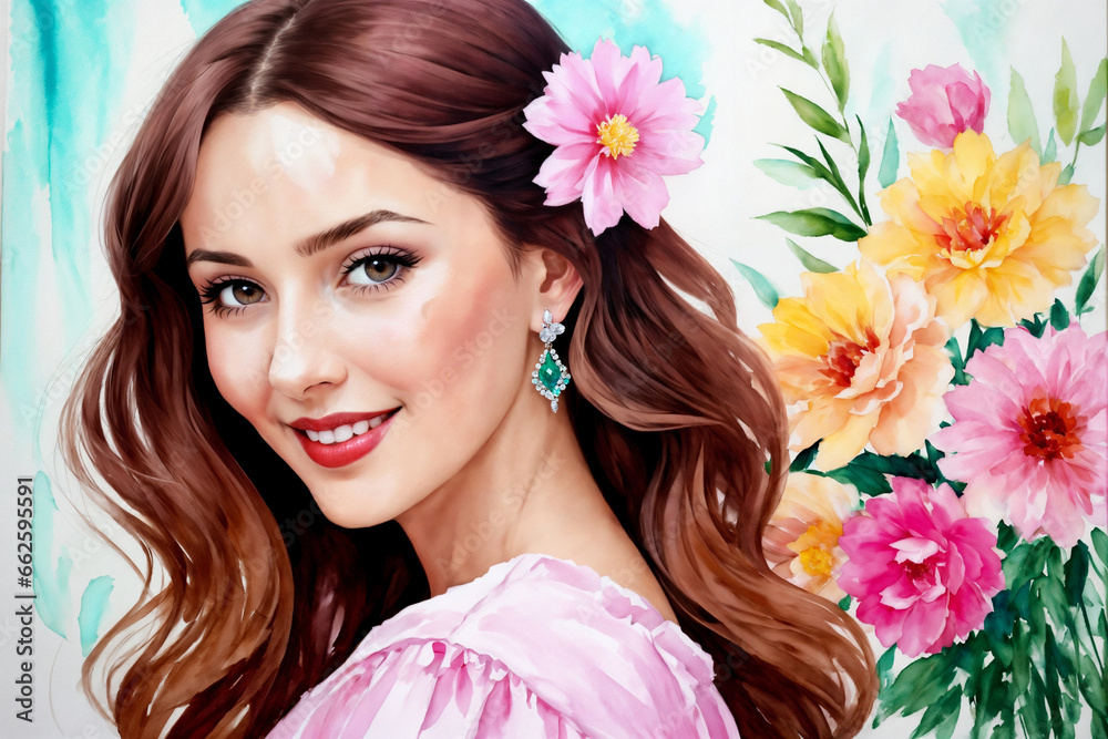 portrait of a beautiful girl posing on an abstract background decorated with flowers portrait of a beautiful girl posing on an abstract background decorated with flowers