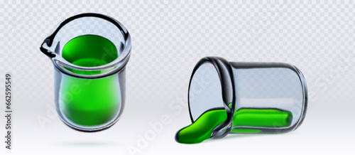 Chemistry cylinder measuring glass flasks with green fluid. Realistic 3d vector set of laboratory chemical or medical glass equipment - standing with liquid inside and lying with spilled material