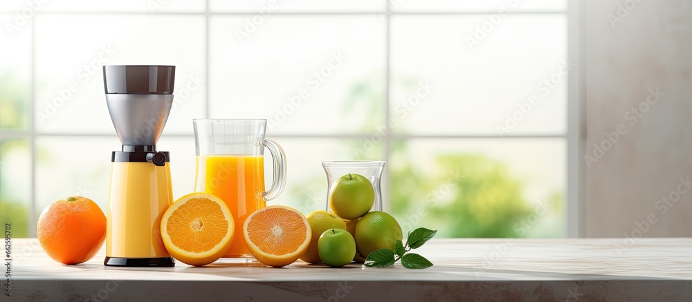 Contemporary juicer and citrus fruits with juice on kitchen table With copyspace for text - obrazy, fototapety, plakaty 