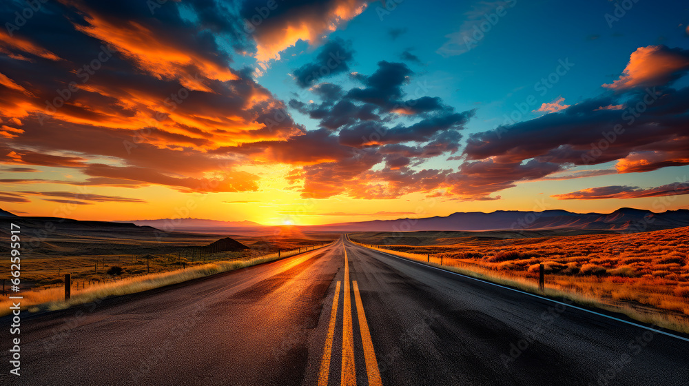 Naklejka premium Asphalt road ground and mountain landscape at sunset
