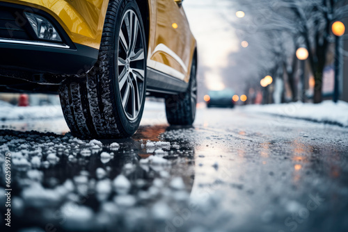 Close-up of car wheels rubber tires on winter road