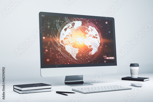 Abstract creative world map on modern laptop screen, international trading concept. 3D Rendering