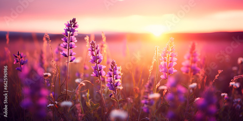 sunset in the field, Soft and blurry focus of lavender flower, Delicate and Blurred Blossoms 