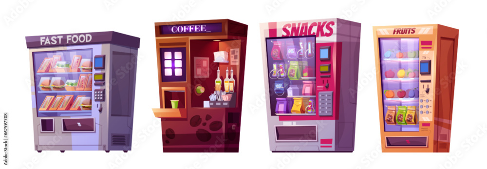 Vending machine with snack and drink illustration icon. Fruit, coffee, sandwich and juice dispenser for bar or parking. Convenience device to sell healthy product from slot clipart set graphic design. Vending machine with snack and drink illustration icon. Fruit, coffee, sandwich and juice dispenser for bar or parking. Convenience device to sell healthy product from slot clipart set graphic design.