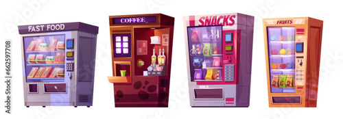Vending machine with snack and drink illustration icon. Fruit, coffee, sandwich and juice dispenser for bar or parking. Convenience device to sell healthy product from slot clipart set graphic design.