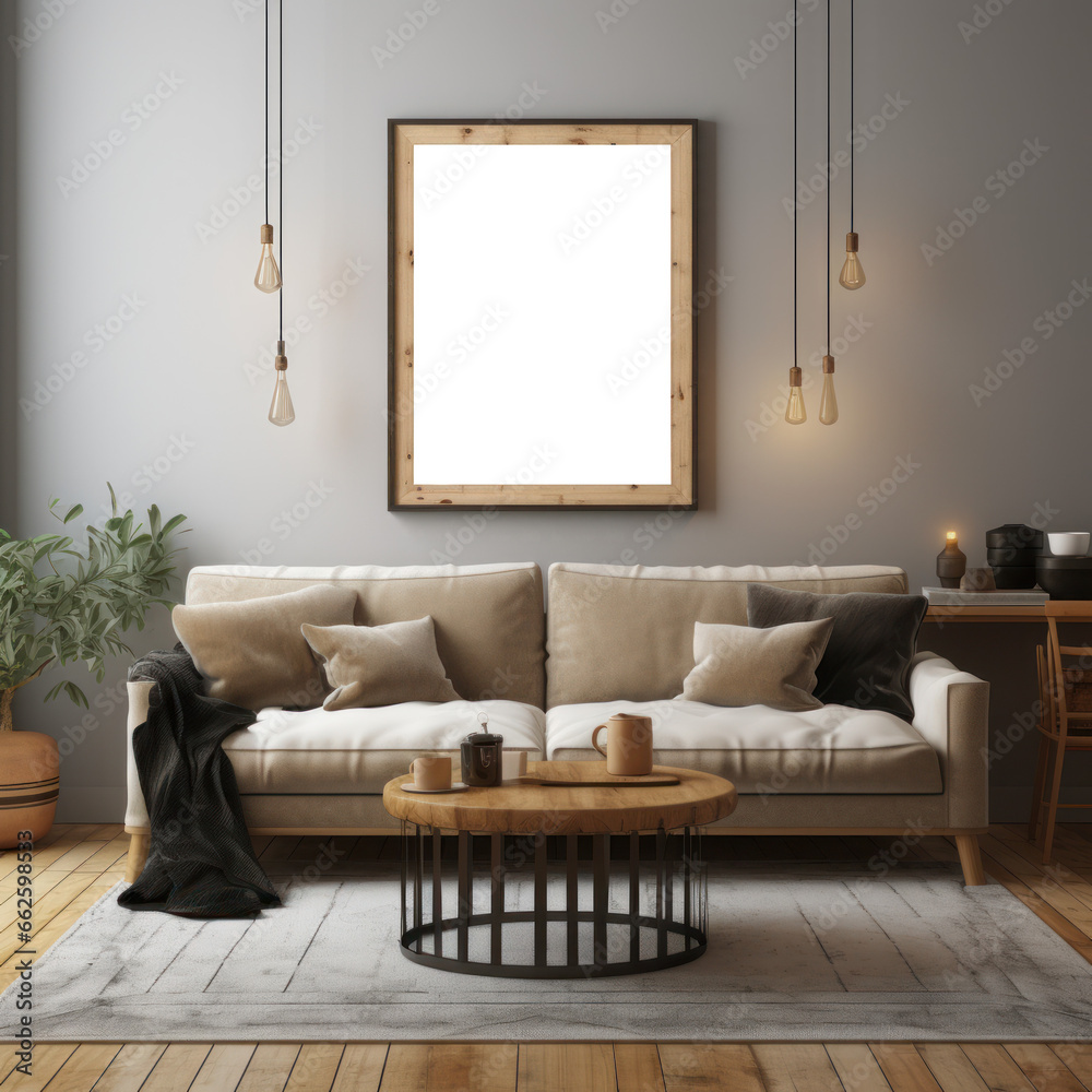 Mockup empty blank painting frame in a cozy living Mockup empty blank painting frame in a cozy living