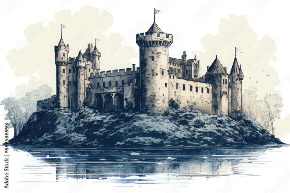 castle hand drawing, white background