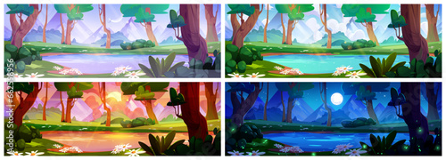 Set of forest lake landscape at different day time. Vector cartoon illustration of beautiful summer woodland in morning and at night, flowers and green trees on river banks, mountain background