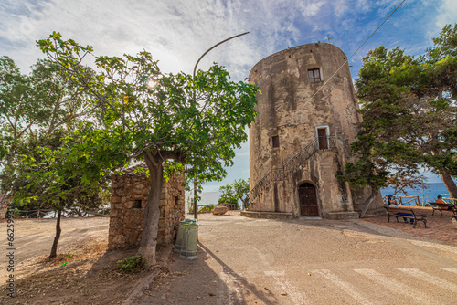 The ancient Spanish tower of Santa Maria Navarrese. Sardinia, Italy