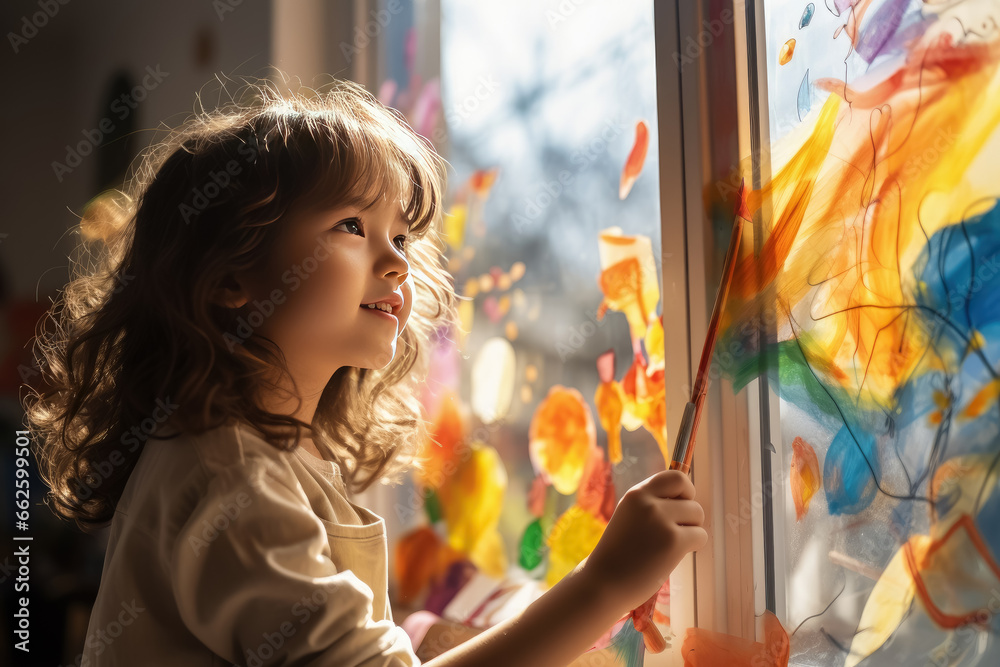 Child drawing paint art on the window at home , Arts and crafts for kids Child drawing paint art on the window at home , Arts and crafts for kids