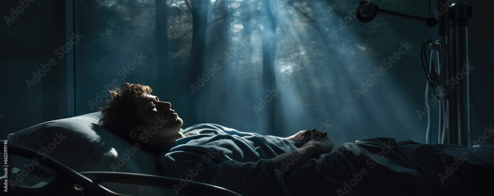 A sick patient is lying on a bed in a hospital
