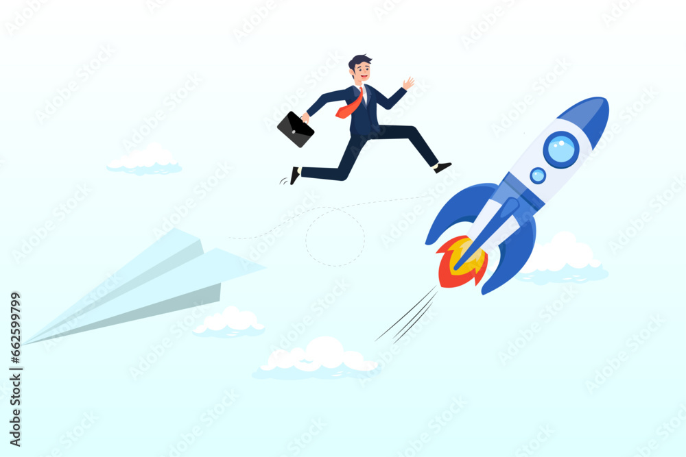Ambitious businessman jump from old origami airplane to growing up rocket, change to better company, innovation to help success or career change to new path, alternative way or direction (Vector)