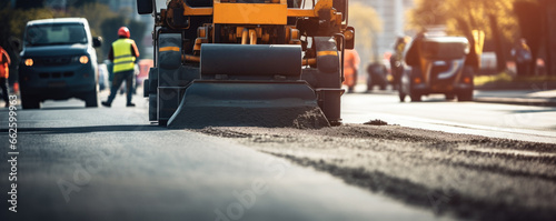Road Construction. Road Workers making new asphalt with Construction machines. Construction Machinery on the Construction Site