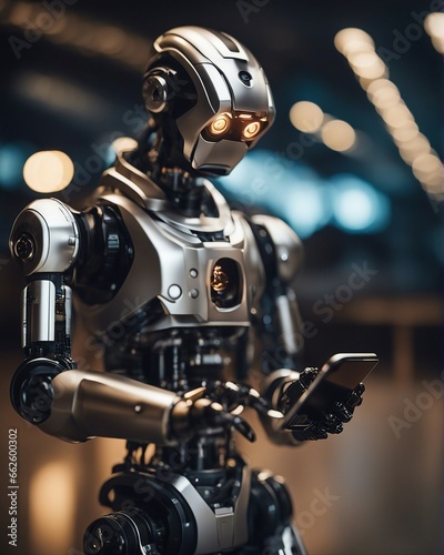 Robot looking at his smartphone.