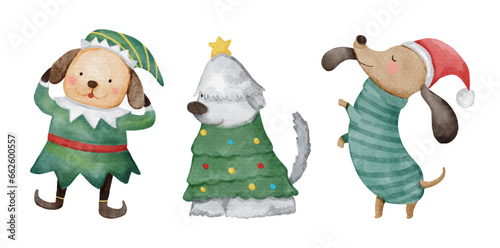 Dog with christmas costume . Watercolor paint cartoon characters . Set 1 of 6 . Vector .