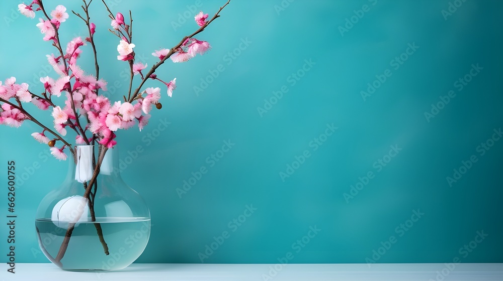 three vases with blossoms on a table with a turquoise wall background, in the style of minimalist backgrounds, dark pink and turquoise