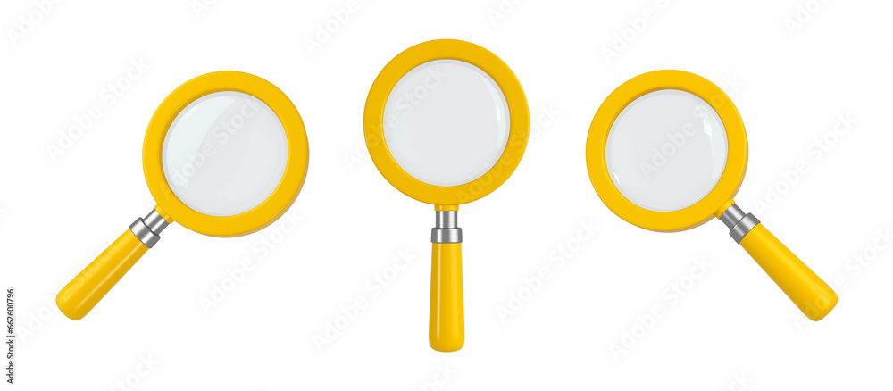 Set of yellow magnifying glass. Transparent loupe search icon for finding, reading, research, analysis or discovery concept. 3d rendering Set of yellow magnifying glass. Transparent loupe search icon for finding, reading, research, analysis or discovery concept. 3d rendering
