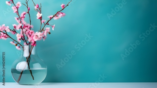 three vases with blossoms on a table with a turquoise wall background  in the style of minimalist backgrounds  dark pink and turquoise