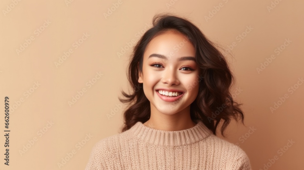A joyful teen girl radiates happiness against a soft studio backdrop. A joyful teen girl radiates happiness against a soft studio backdrop.