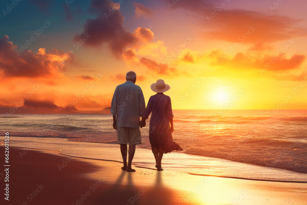 Senior couple walking on the beach holding hands at sunrise, plan life insurance at retirement concept.