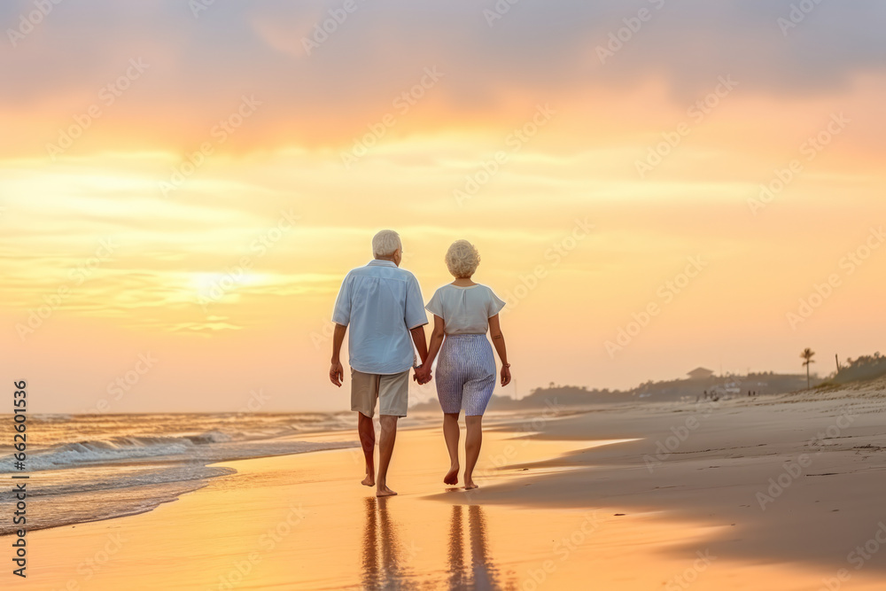 Plan life insurance of happy retirement concepts. Senior couple walking on the beach holding hands at beach sunrise in evening.