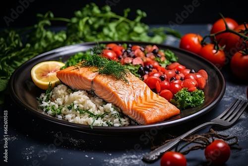 a grilled salmon fillet served over mixed salad greens, cherry tomatoes, and perhaps rice or orzo pasta. The salmon is garnished with fresh herbs, chives, and has been seasoned with black pepper