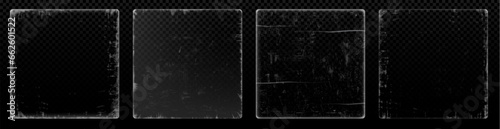 Square distressed edge vinyl record covers set isolated on transparent background. Vector illustration of old paper texture with scratches on surface, grainy vintage photo template, overlay effect