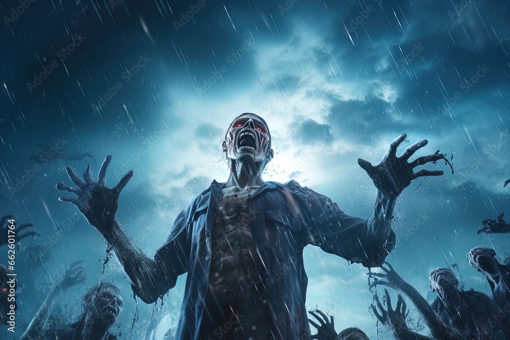 Zombie Soars in Night Cemetery: Poster Art Zombie Soars in Night Cemetery: Poster Art