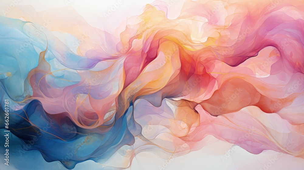 Exploring Abstraction Watercolors Dance on a Pink Canvas with Light Gold and Dark Cyan