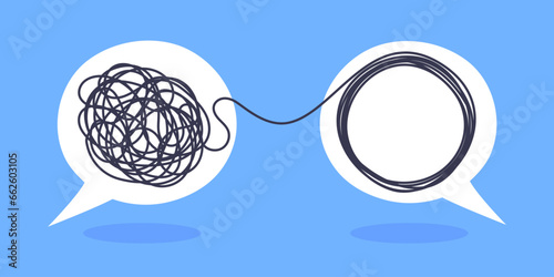 Psychologist consulting or mental problem solving brainstorm concept. Two speech bubbles conversation icons with line scribbles. Coach, mentoring psychotherapy. Complex to simple mind concept.