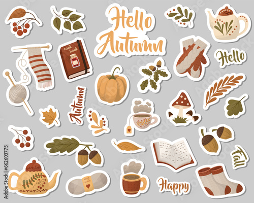 A set of autumn stickers. Collection of autumn elements. Vector illustration