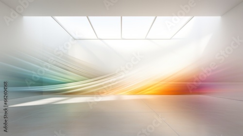 3D illustration of minimal light future room with soft rainbow shapes background.