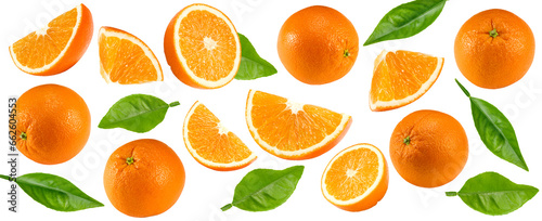 cut of orange with green leaves isolated on white background. clipping path