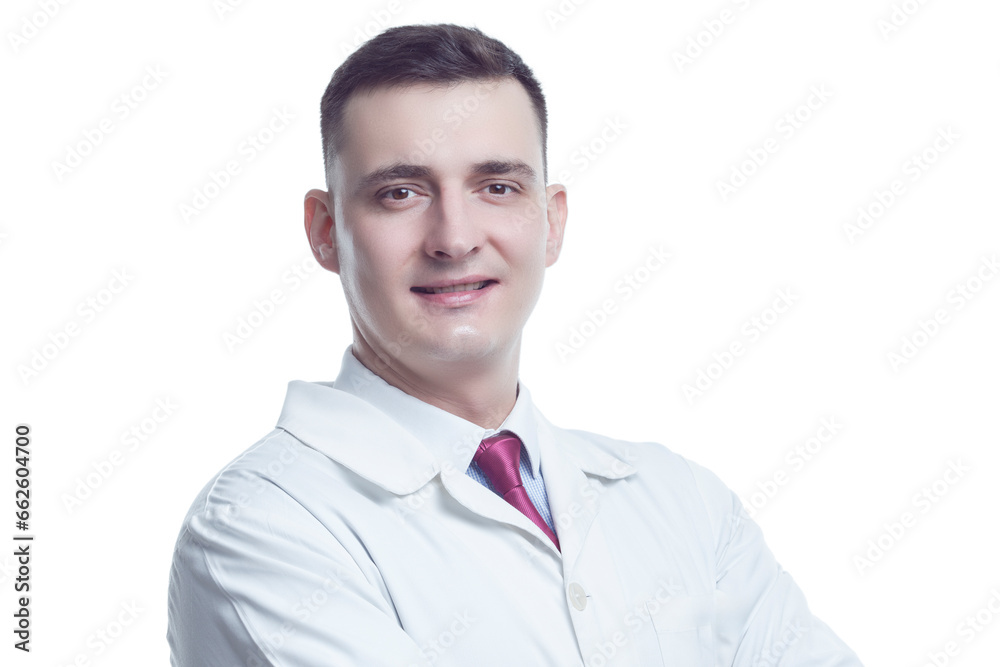 Medicine Concepts. Portrait of Positive Professional Confident Male GP Doctor Posing in Doctor's Smock And Endoscope with Hands Folded. Medicine Concepts. Portrait of Positive Professional Confident Male GP Doctor Posing in Doctor's Smock And Endoscope with Hands Folded.