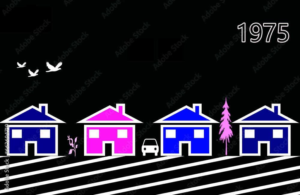 1975 houses illustration in Dark