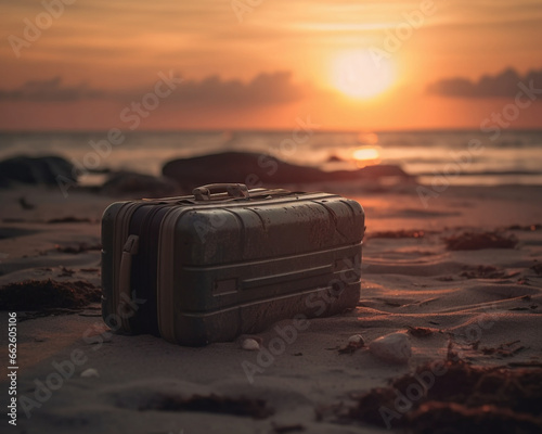 Altes Handgepäck am Strand bei Sonnenuntergang