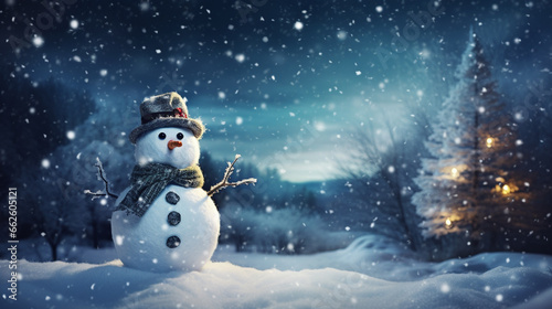 snowman in snowy winter night with beautiful blue sky background for festive holiday decoration © piggu