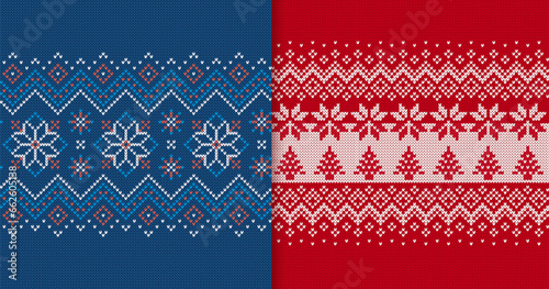 Blue and red holiday traditional Xmas pattern. Christmas knit seamless print with snowflakes and trees. Knitted sweater texture. Geometric background. Wool pullover ornament. Vector illustration